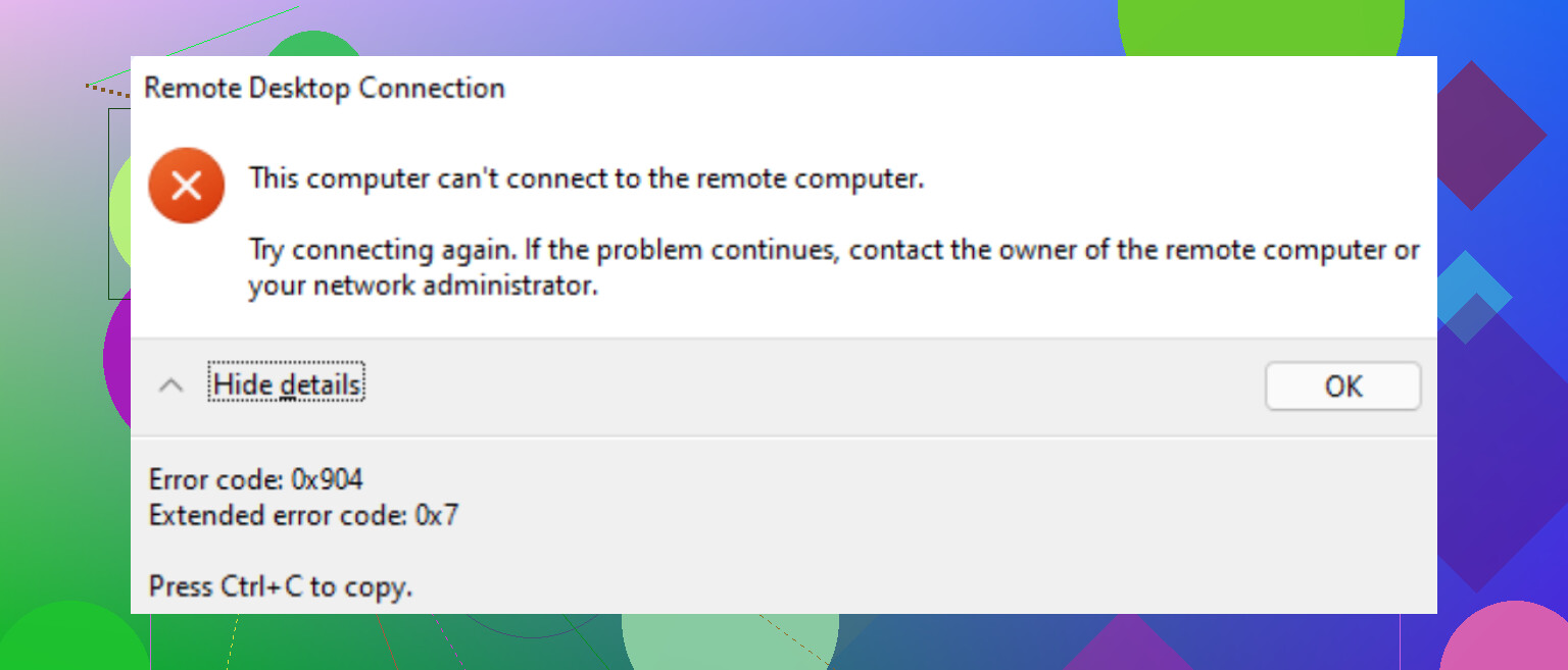 How do I fix RDP error code 0x904 on Windows?